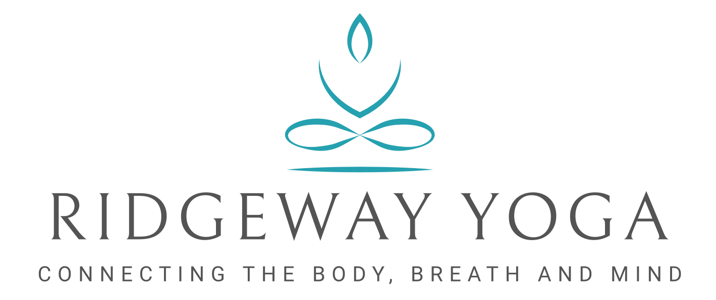Ridgeway Yoga Logo featuring the name, and an outline abstract drawing hinting at a seated cross-legged figure above. The logo includes 'connecting the body, breath and mind.